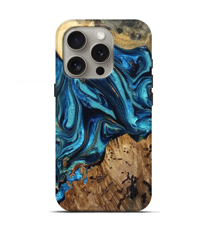 iPhone 16 Pro Wood Live Edge Phone Case - Bernie (Teal & Gold, 823736)