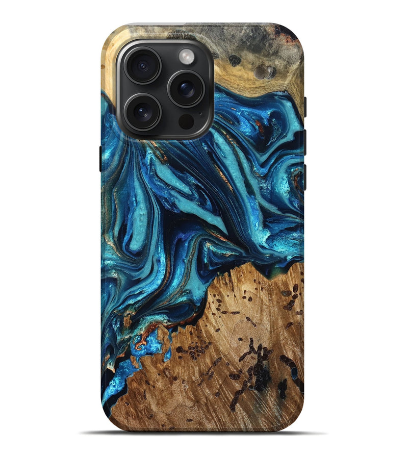 iPhone 16 Pro Max Wood Live Edge Phone Case - Bernie (Teal & Gold, 823736)