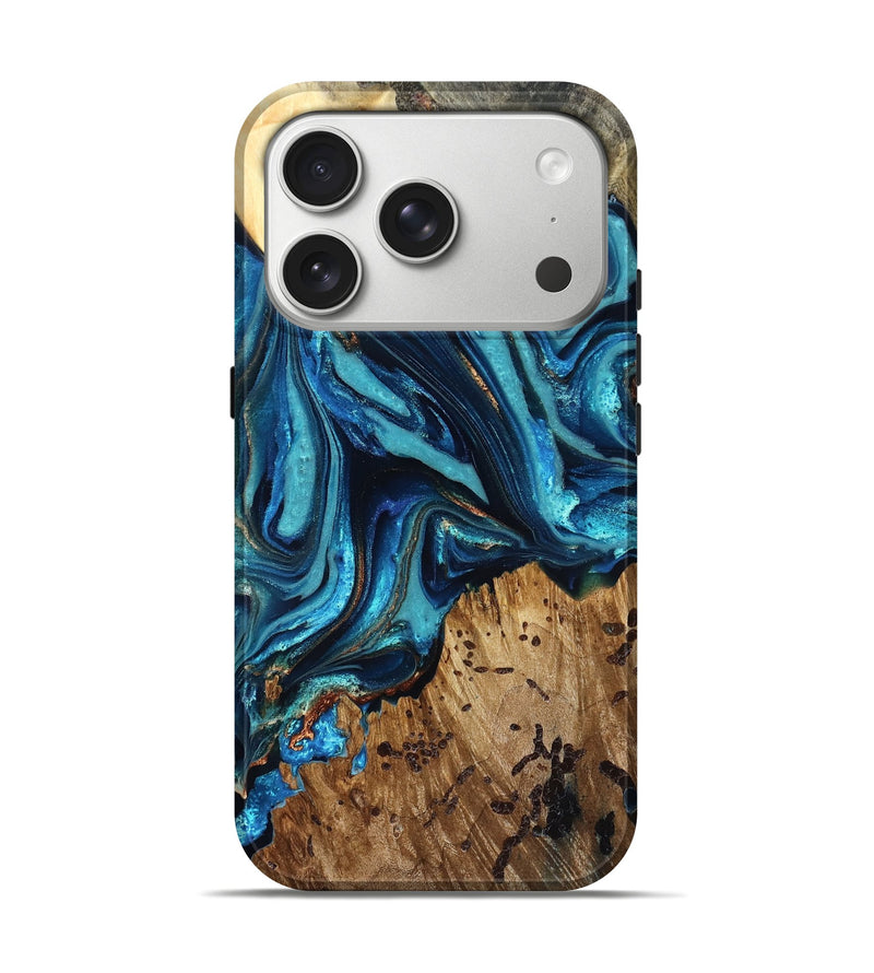iPhone 17 Pro Wood Live Edge Phone Case - Bernie (Teal & Gold, 823736)