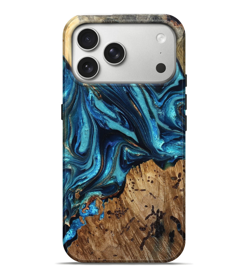 iPhone 17 Pro Max Wood Live Edge Phone Case - Bernie (Teal & Gold, 823736)