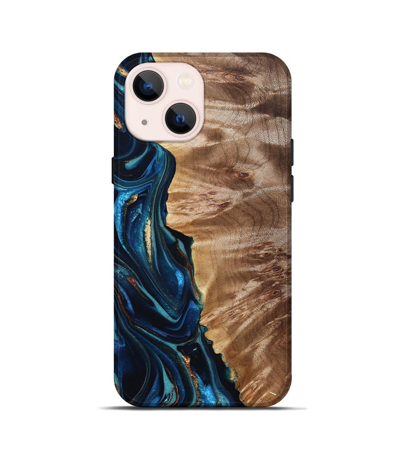 iPhone 13 mini Wood Live Edge Phone Case - Bryn (Teal & Gold, 823737)