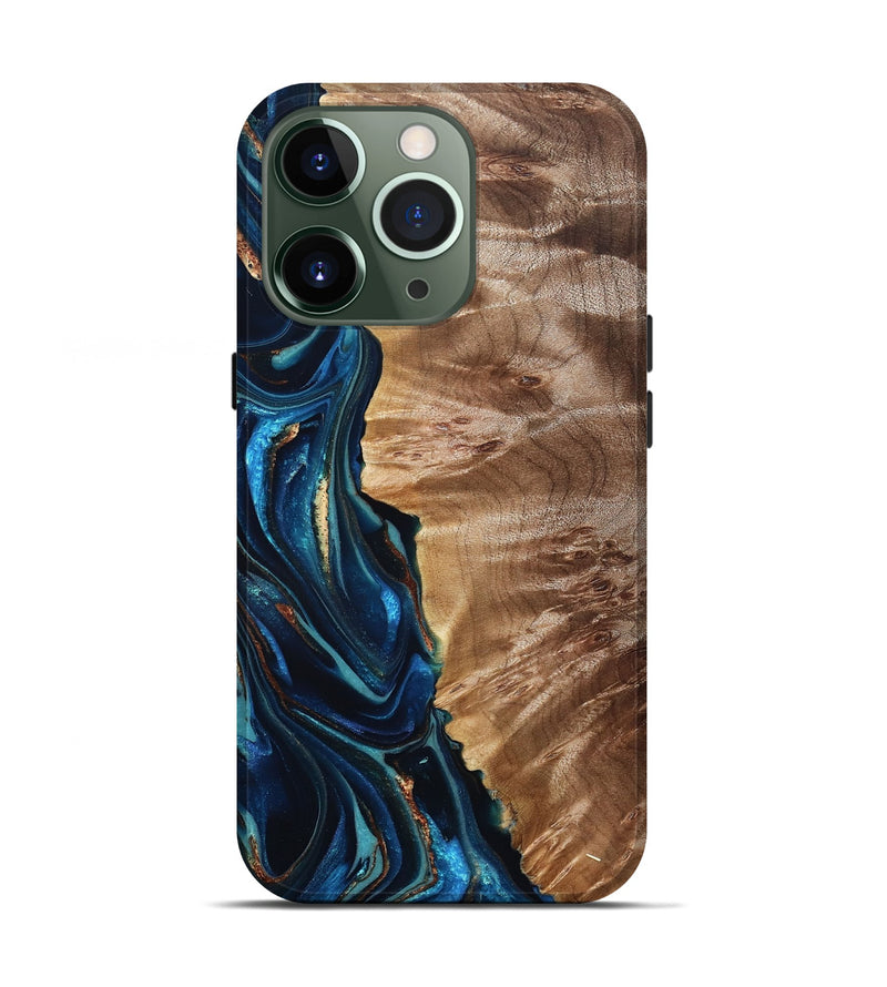 iPhone 13 Pro Wood Live Edge Phone Case - Bryn (Teal & Gold, 823737)