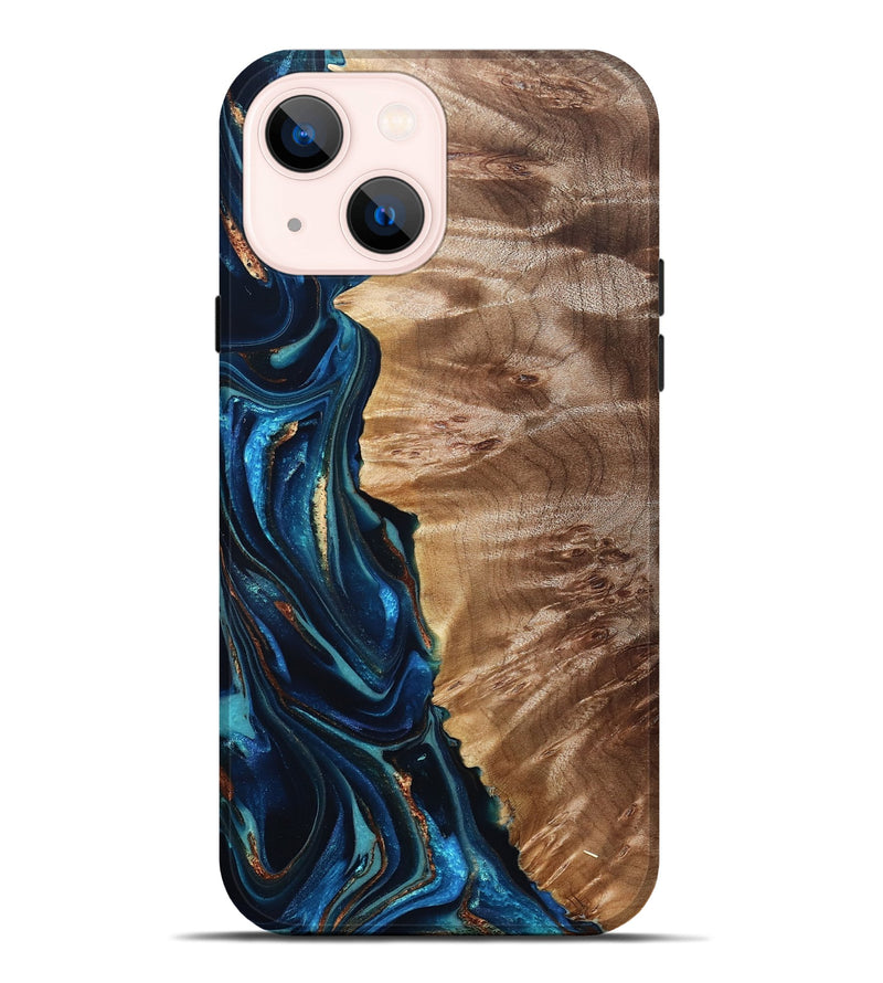 iPhone 14 Plus Wood Live Edge Phone Case - Bryn (Teal & Gold, 823737)