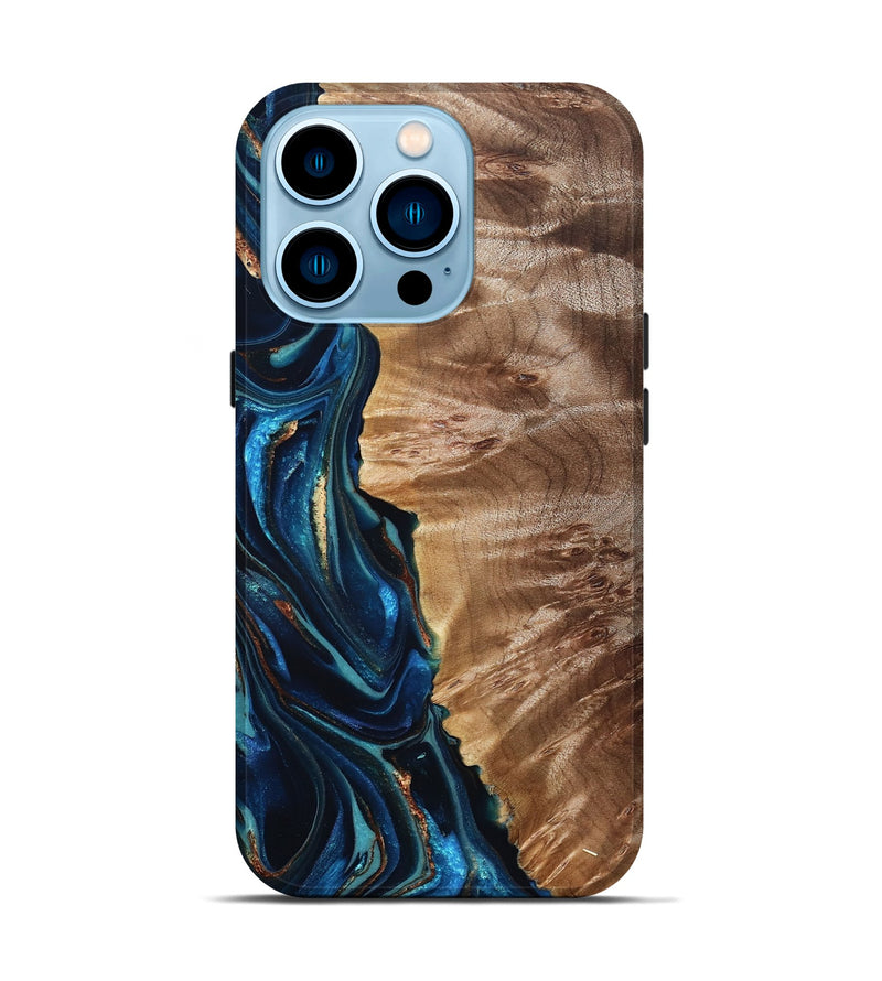 iPhone 14 Pro Wood Live Edge Phone Case - Bryn (Teal & Gold, 823737)