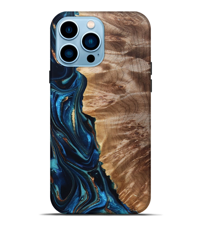 iPhone 14 Pro Max Wood Live Edge Phone Case - Bryn (Teal & Gold, 823737)