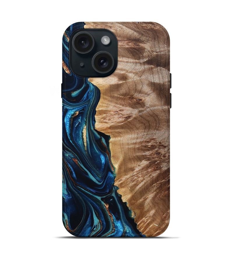 iPhone 15 Wood Live Edge Phone Case - Bryn (Teal & Gold, 823737)
