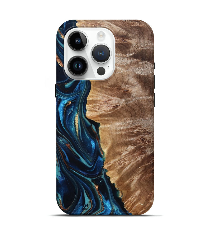 iPhone 15 Pro Wood Live Edge Phone Case - Bryn (Teal & Gold, 823737)