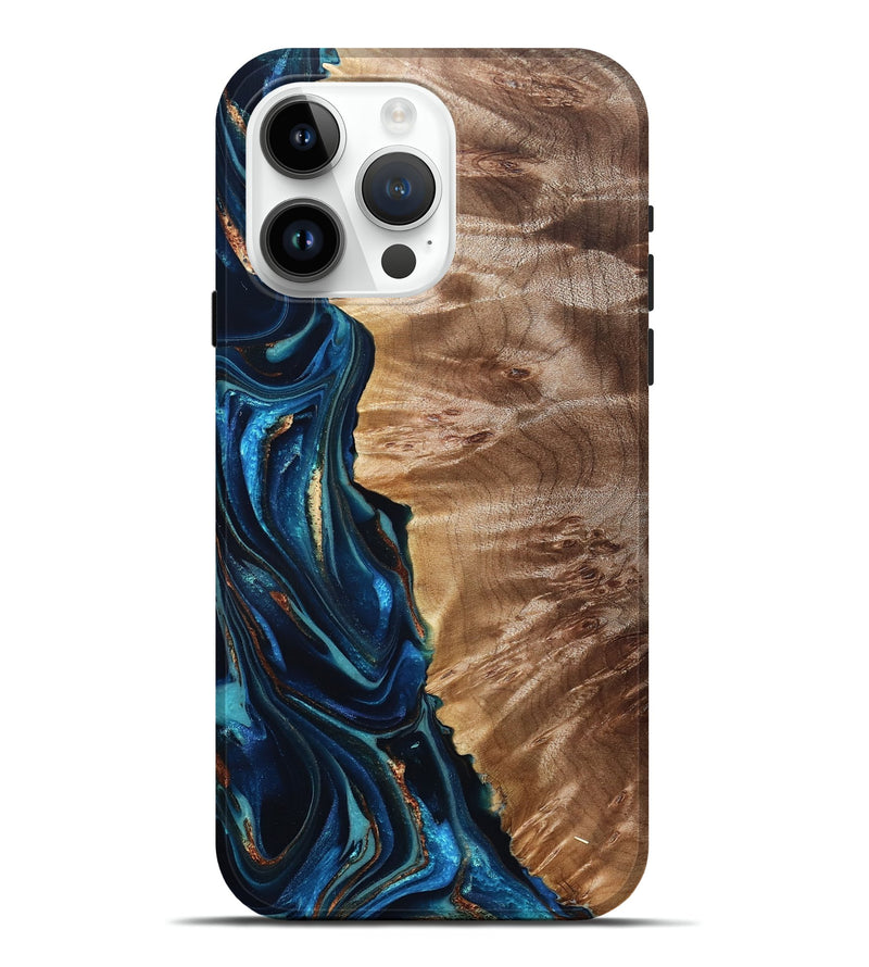 iPhone 15 Pro Max Wood Live Edge Phone Case - Bryn (Teal & Gold, 823737)