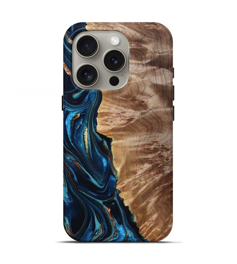 iPhone 16 Pro Wood Live Edge Phone Case - Bryn (Teal & Gold, 823737)