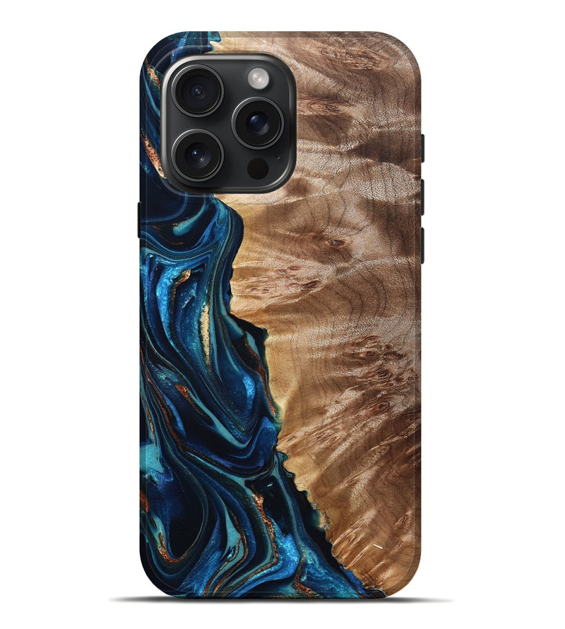 iPhone 16 Pro Max Wood Live Edge Phone Case - Bryn (Teal & Gold, 823737)