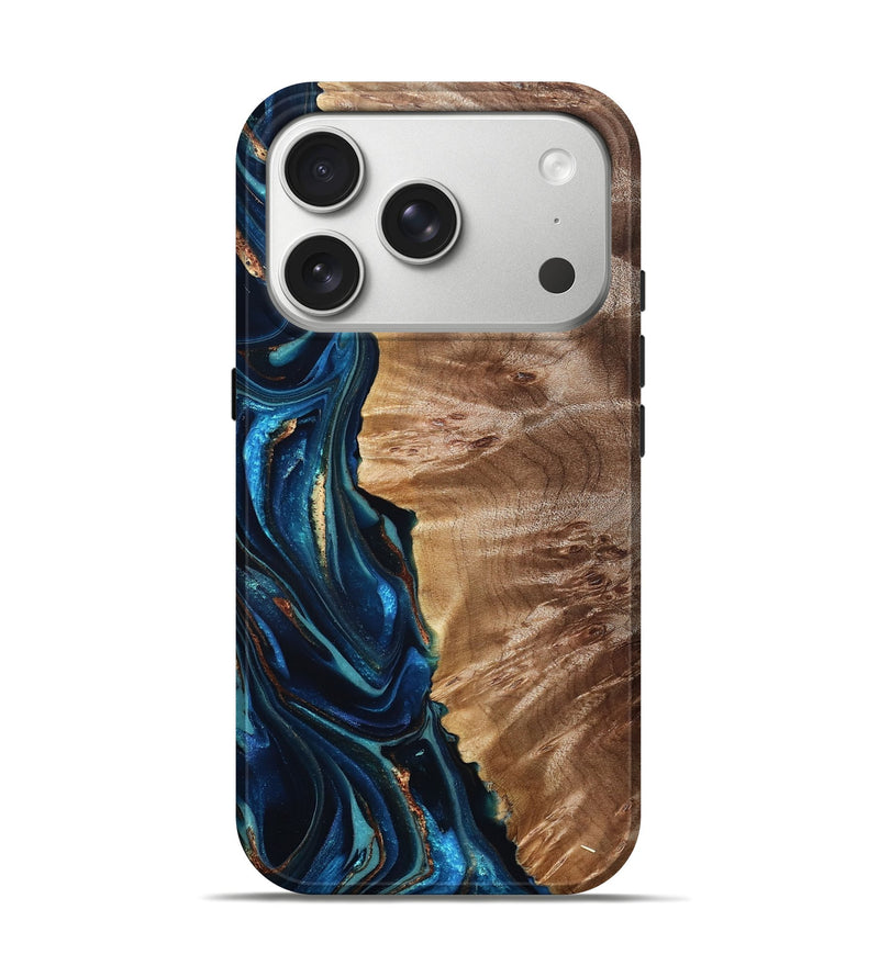 iPhone 17 Pro Wood Live Edge Phone Case - Bryn (Teal & Gold, 823737)
