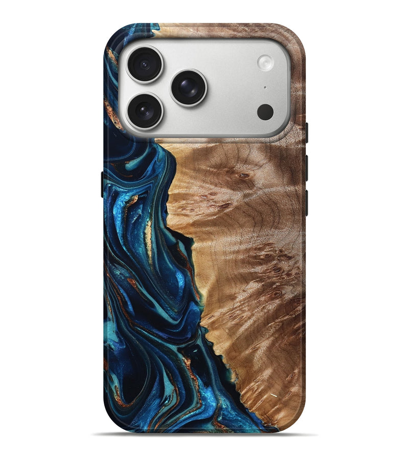 iPhone 17 Pro Max Wood Live Edge Phone Case - Bryn (Teal & Gold, 823737)