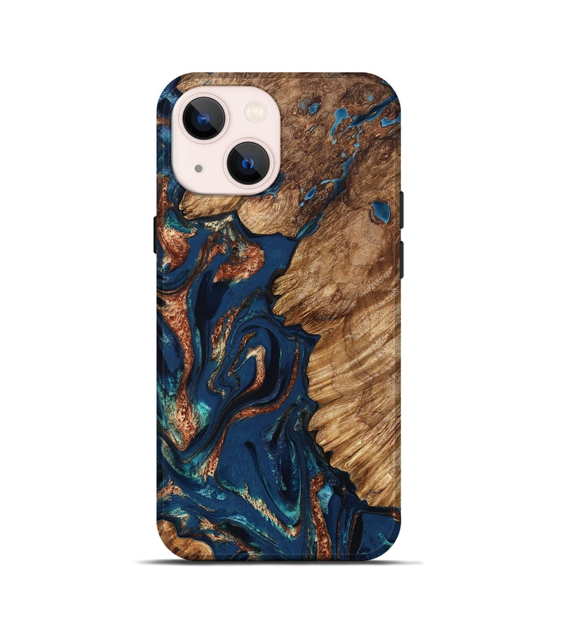 iPhone 13 mini Wood Live Edge Phone Case - Rosalee (Teal & Gold, 823738)