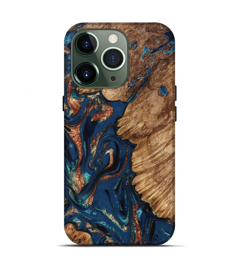 iPhone 13 Pro Wood Live Edge Phone Case - Rosalee (Teal & Gold, 823738)