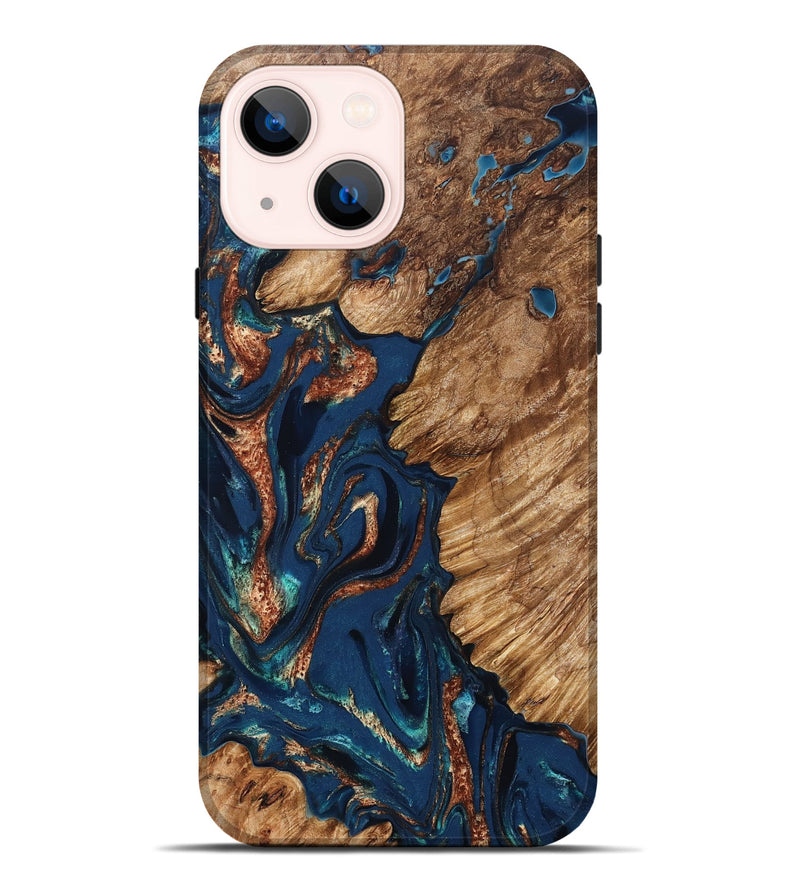 iPhone 14 Plus Wood Live Edge Phone Case - Rosalee (Teal & Gold, 823738)