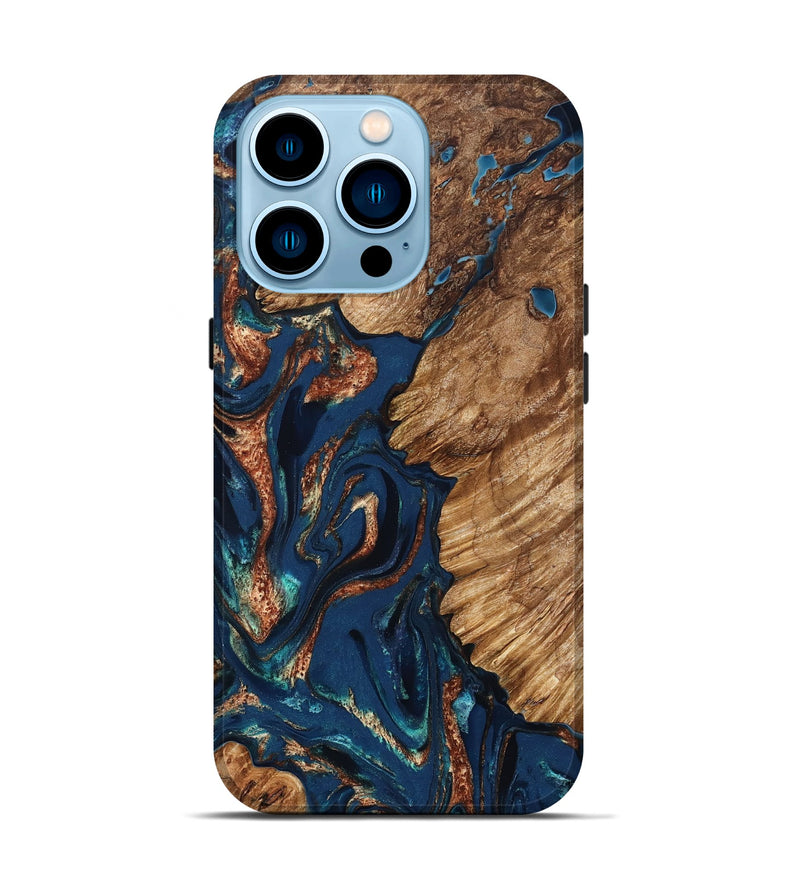 iPhone 14 Pro Wood Live Edge Phone Case - Rosalee (Teal & Gold, 823738)