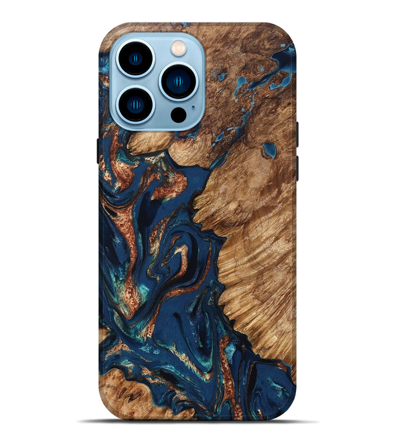iPhone 14 Pro Max Wood Live Edge Phone Case - Rosalee (Teal & Gold, 823738)
