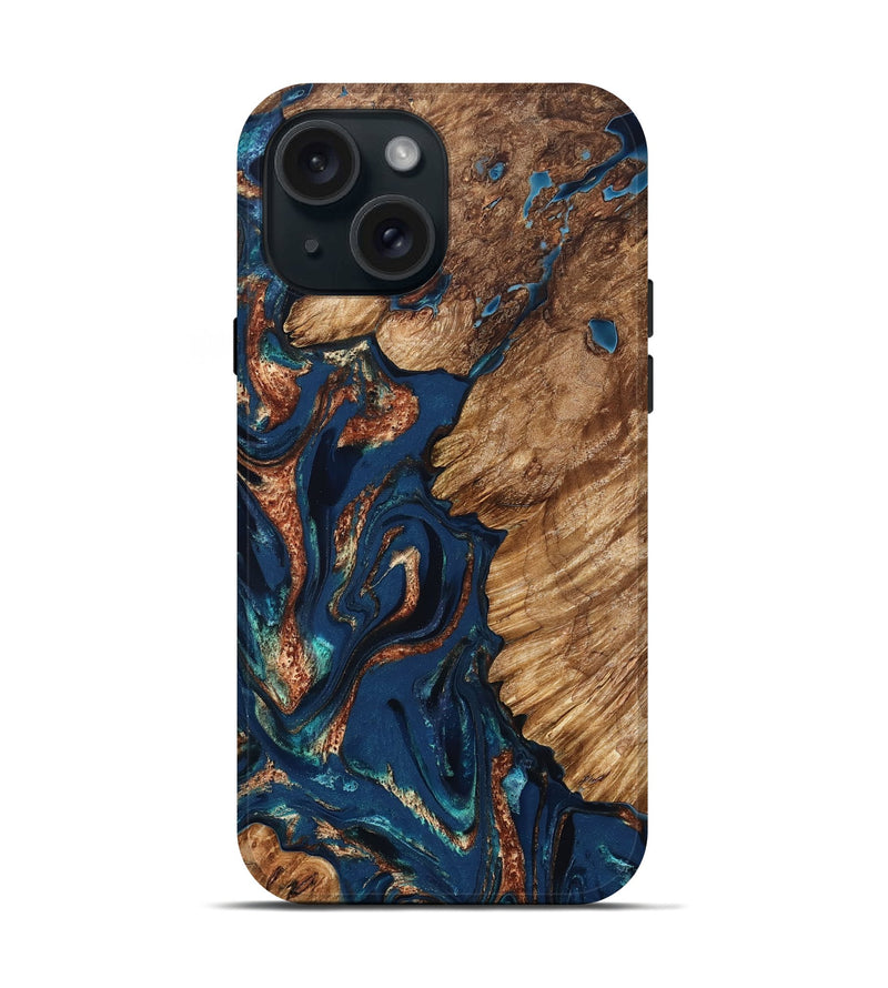iPhone 15 Wood Live Edge Phone Case - Rosalee (Teal & Gold, 823738)