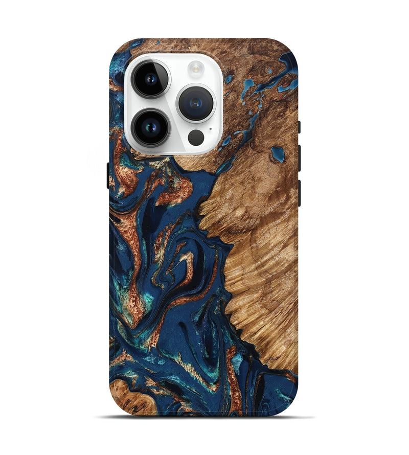iPhone 15 Pro Wood Live Edge Phone Case - Rosalee (Teal & Gold, 823738)