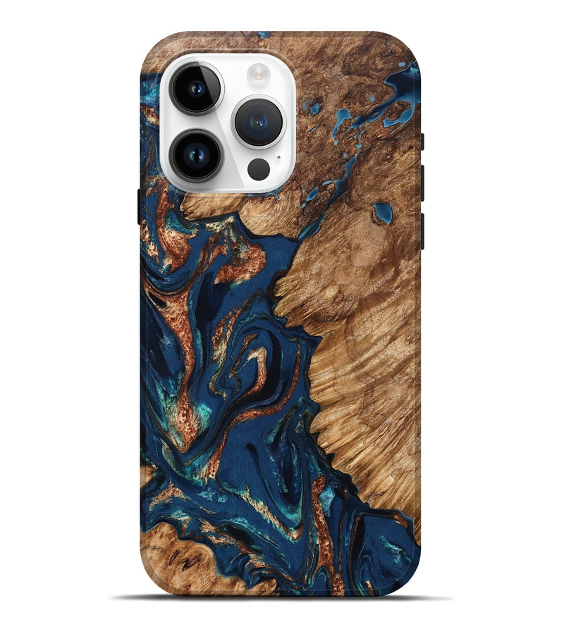 iPhone 15 Pro Max Wood Live Edge Phone Case - Rosalee (Teal & Gold, 823738)