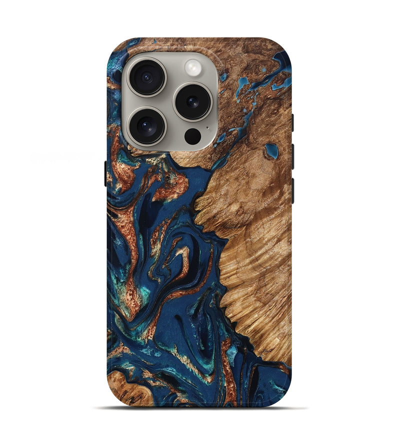 iPhone 16 Pro Wood Live Edge Phone Case - Rosalee (Teal & Gold, 823738)