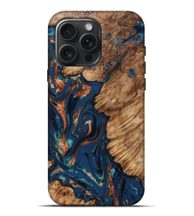 iPhone 16 Pro Max Wood Live Edge Phone Case - Rosalee (Teal & Gold, 823738)