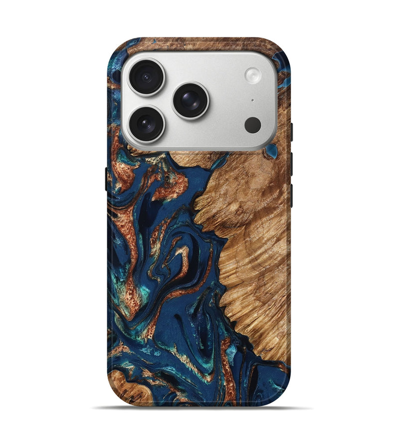 iPhone 17 Pro Wood Live Edge Phone Case - Rosalee (Teal & Gold, 823738)