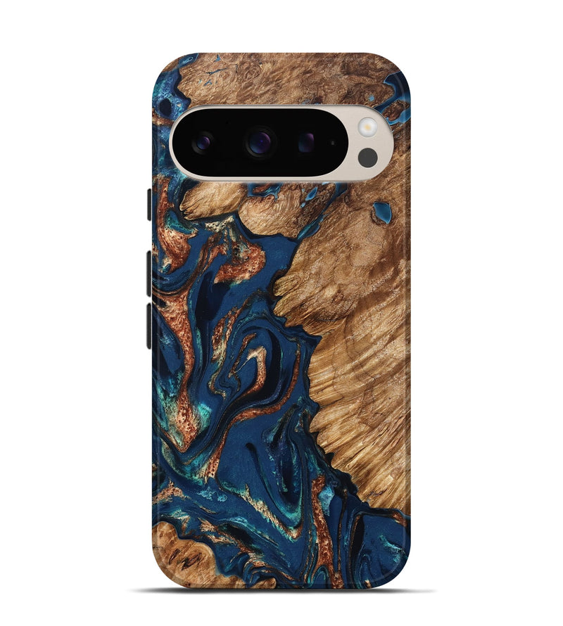 Pixel 9 Pro Wood Live Edge Phone Case - Rosalee (Teal & Gold, 823738)