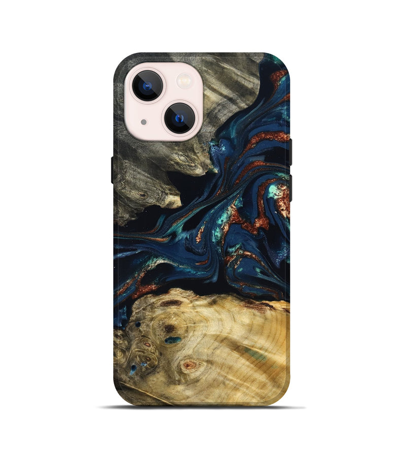 iPhone 13 mini Wood Live Edge Phone Case - Monique (Teal & Gold, 823739)