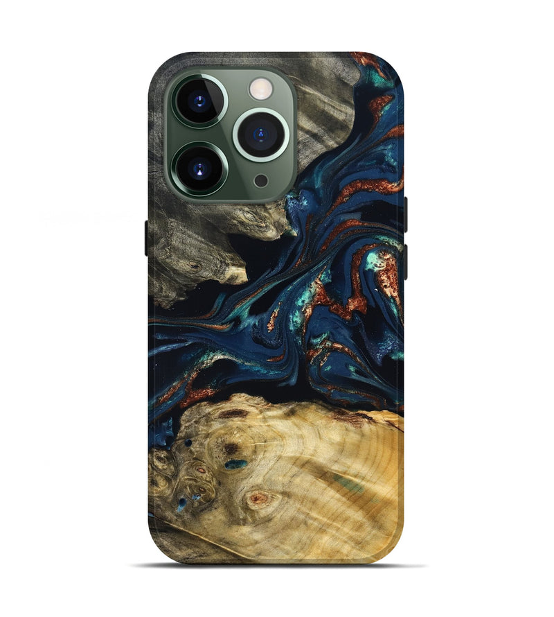 iPhone 13 Pro Wood Live Edge Phone Case - Monique (Teal & Gold, 823739)