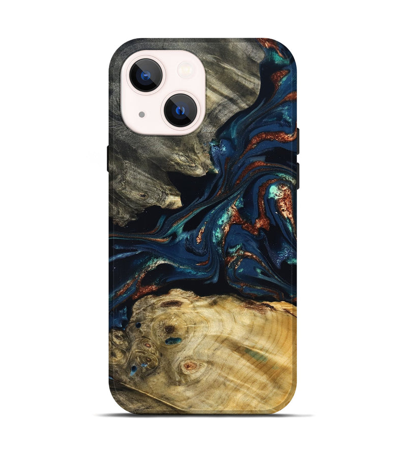 iPhone 14 Wood Live Edge Phone Case - Monique (Teal & Gold, 823739)