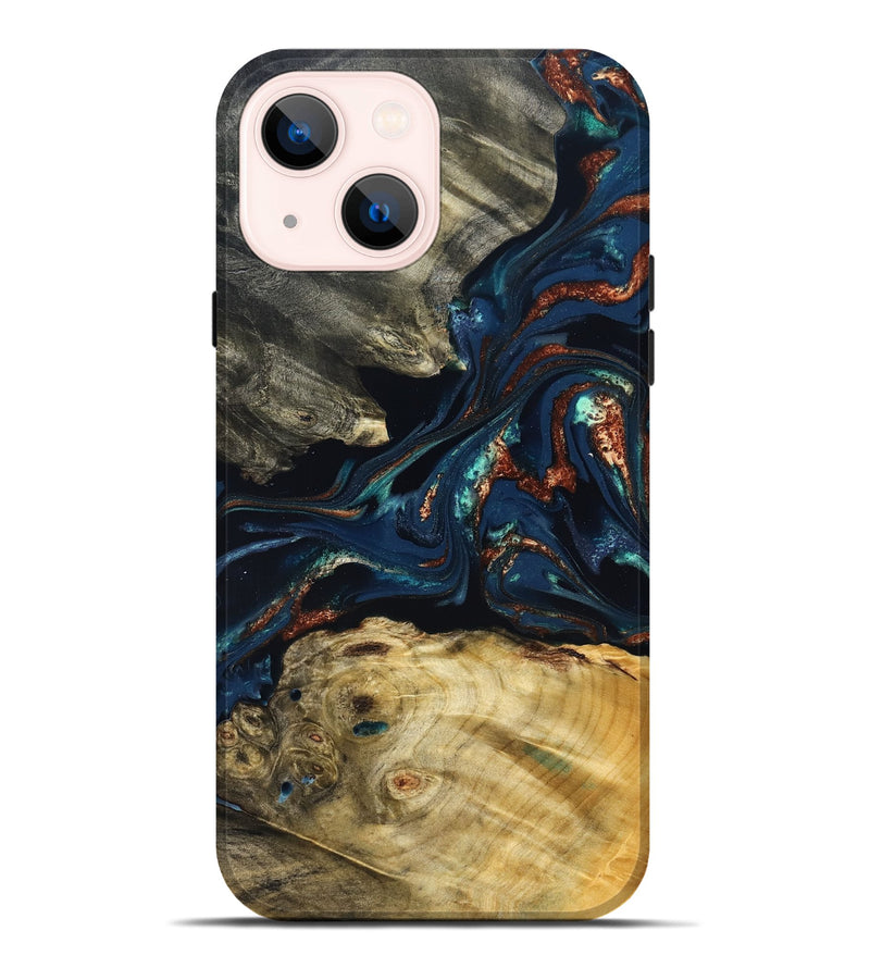 iPhone 14 Plus Wood Live Edge Phone Case - Monique (Teal & Gold, 823739)