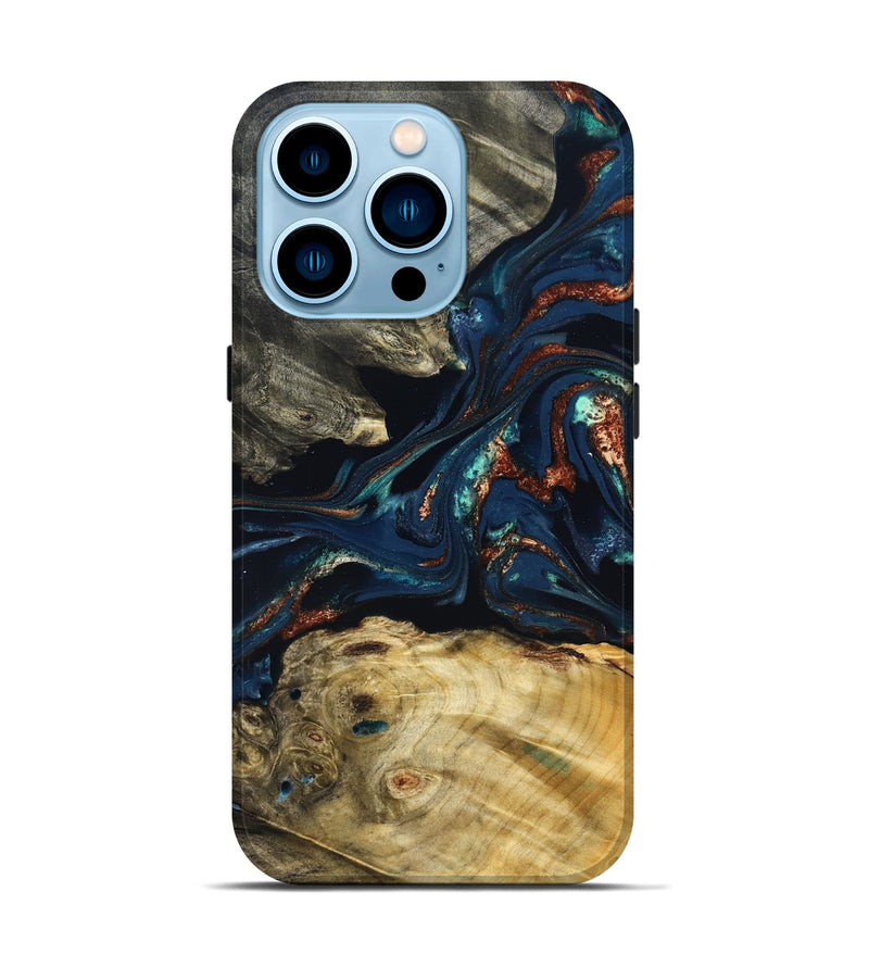 iPhone 14 Pro Wood Live Edge Phone Case - Monique (Teal & Gold, 823739)