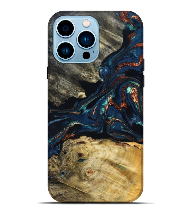 iPhone 14 Pro Max Wood Live Edge Phone Case - Monique (Teal & Gold, 823739)