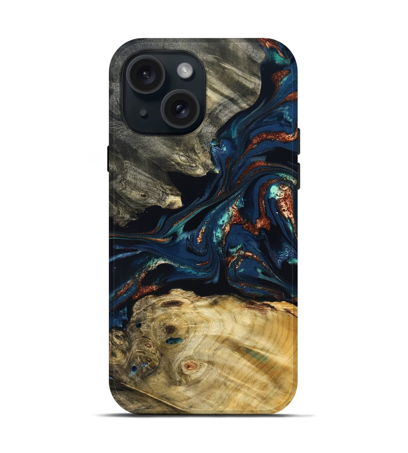 iPhone 15 Wood Live Edge Phone Case - Monique (Teal & Gold, 823739)