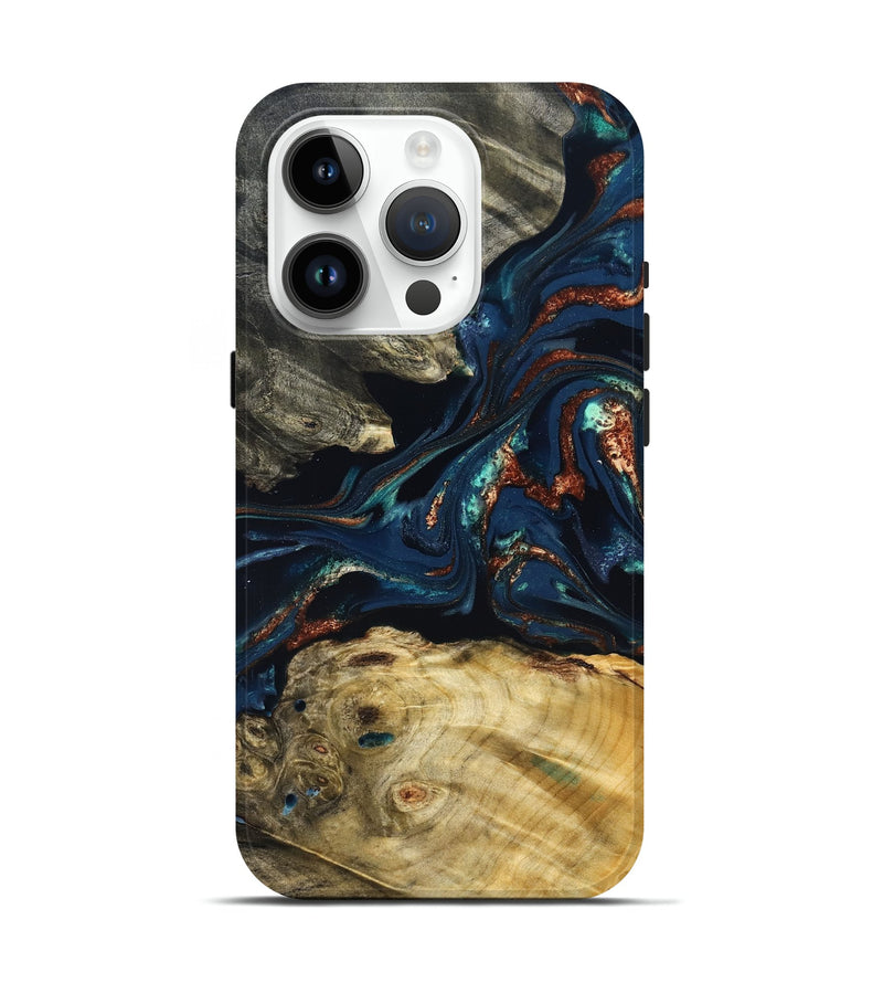iPhone 15 Pro Wood Live Edge Phone Case - Monique (Teal & Gold, 823739)