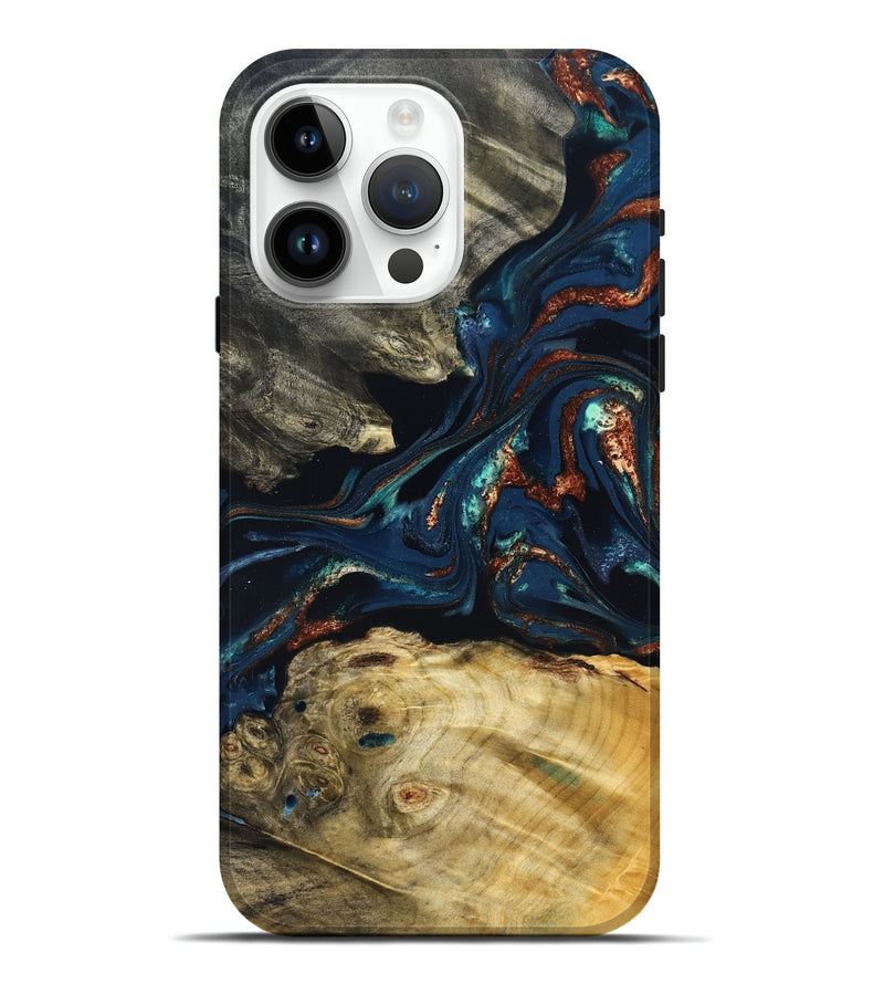 iPhone 15 Pro Max Wood Live Edge Phone Case - Monique (Teal & Gold, 823739)