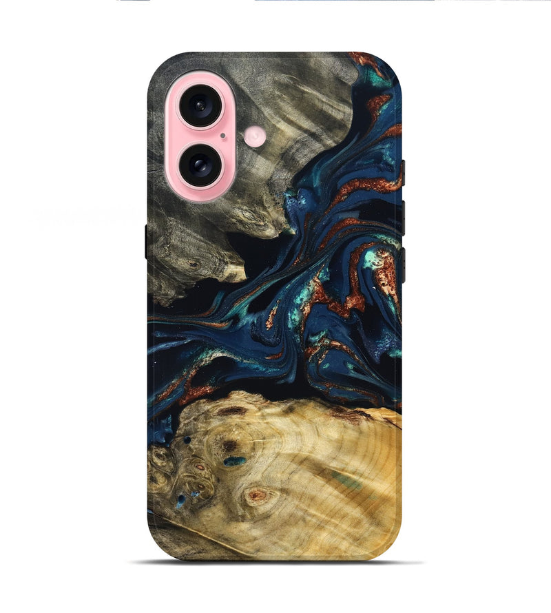 iPhone 16 Wood Live Edge Phone Case - Monique (Teal & Gold, 823739)