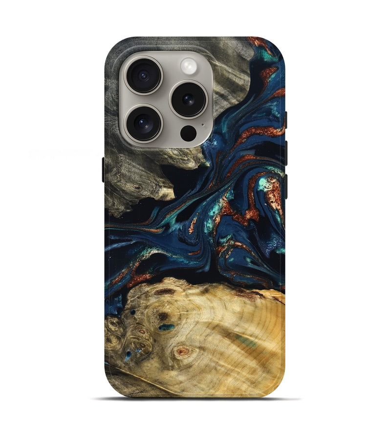 iPhone 16 Pro Wood Live Edge Phone Case - Monique (Teal & Gold, 823739)