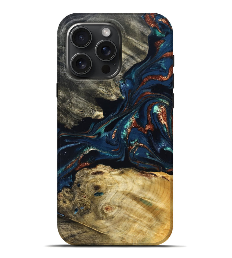 iPhone 16 Pro Max Wood Live Edge Phone Case - Monique (Teal & Gold, 823739)