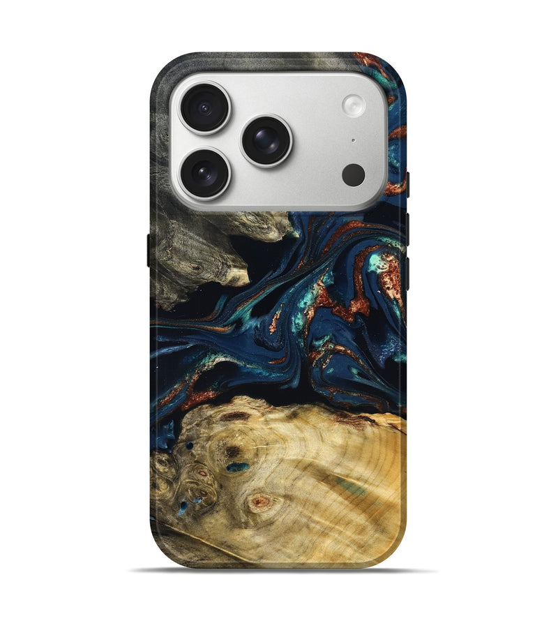 iPhone 17 Pro Wood Live Edge Phone Case - Monique (Teal & Gold, 823739)