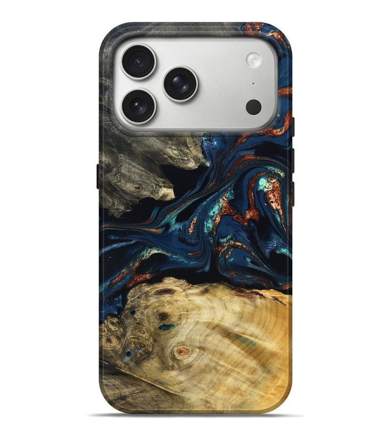 iPhone 17 Pro Max Wood Live Edge Phone Case - Monique (Teal & Gold, 823739)