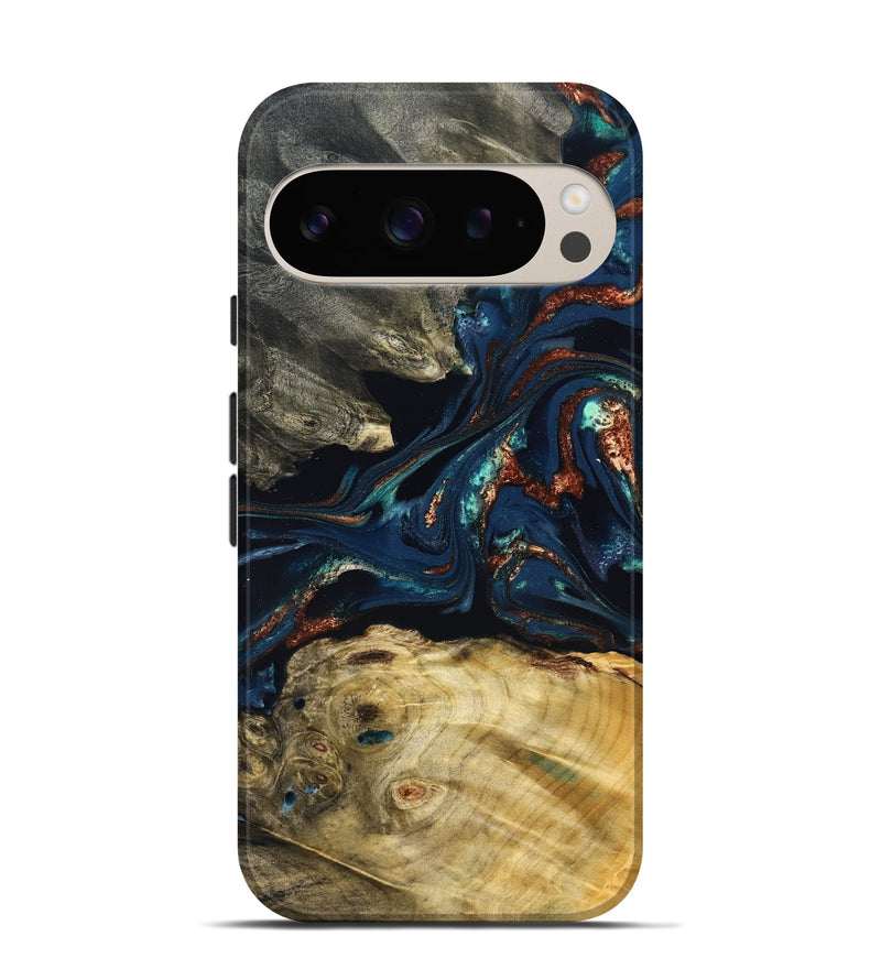 Pixel 9 Pro Wood Live Edge Phone Case - Monique (Teal & Gold, 823739)