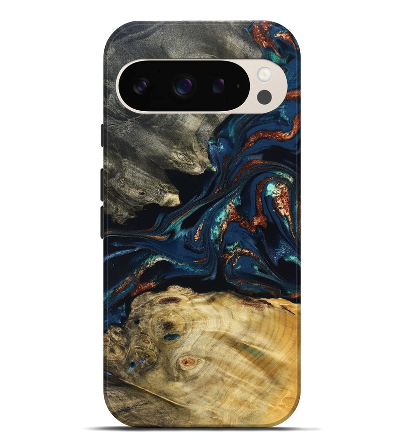Pixel 9 Pro XL Wood Live Edge Phone Case - Monique (Teal & Gold, 823739)