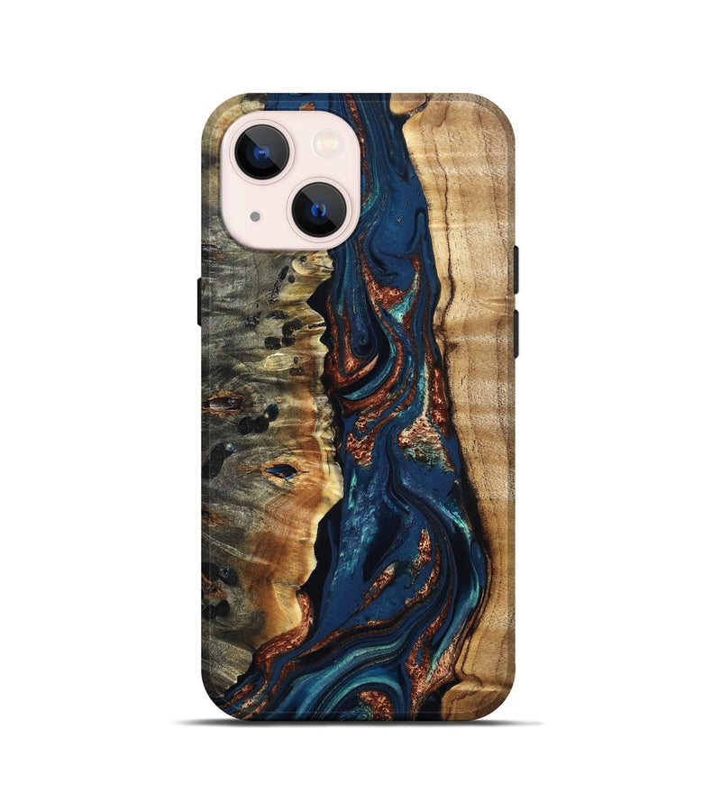 iPhone 13 mini Wood Live Edge Phone Case - Noelle (Teal & Gold, 823740)