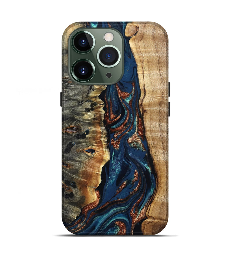 iPhone 13 Pro Wood Live Edge Phone Case - Noelle (Teal & Gold, 823740)