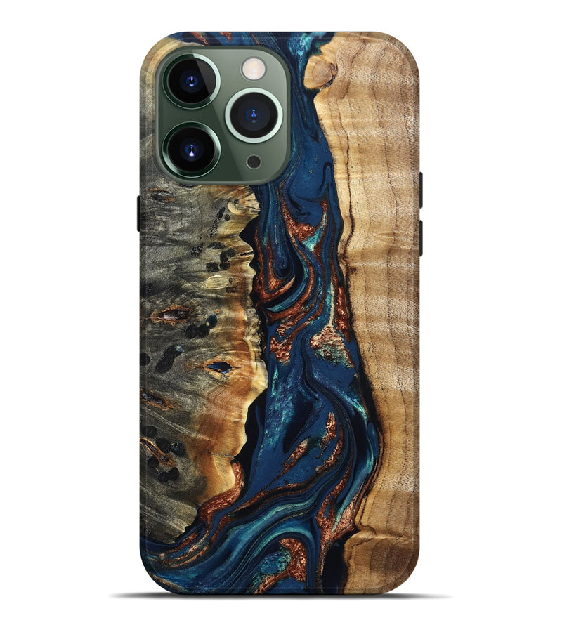 iPhone 13 Pro Max Wood Live Edge Phone Case - Noelle (Teal & Gold, 823740)