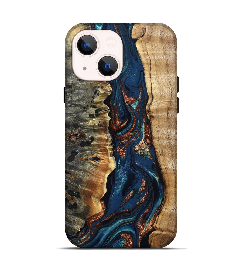 iPhone 14 Wood Live Edge Phone Case - Noelle (Teal & Gold, 823740)