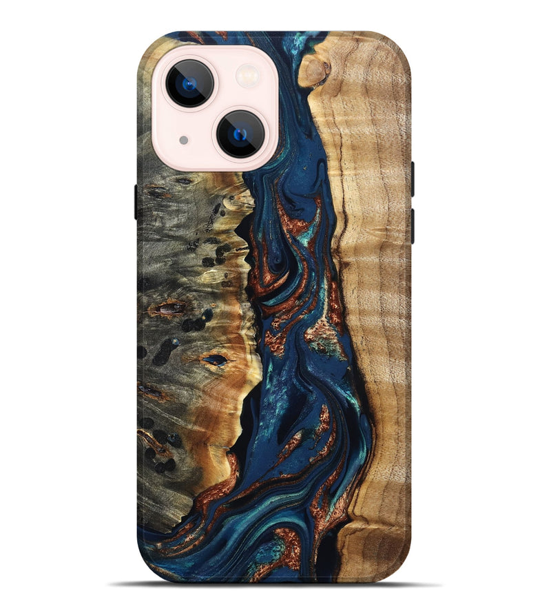 iPhone 14 Plus Wood Live Edge Phone Case - Noelle (Teal & Gold, 823740)