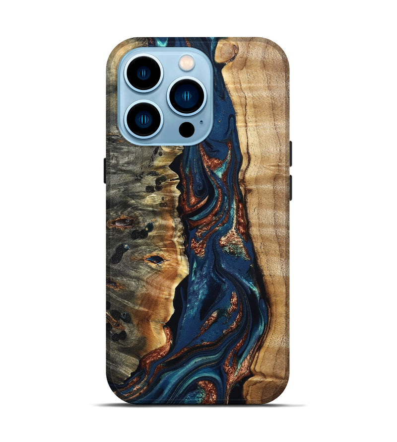 iPhone 14 Pro Wood Live Edge Phone Case - Noelle (Teal & Gold, 823740)